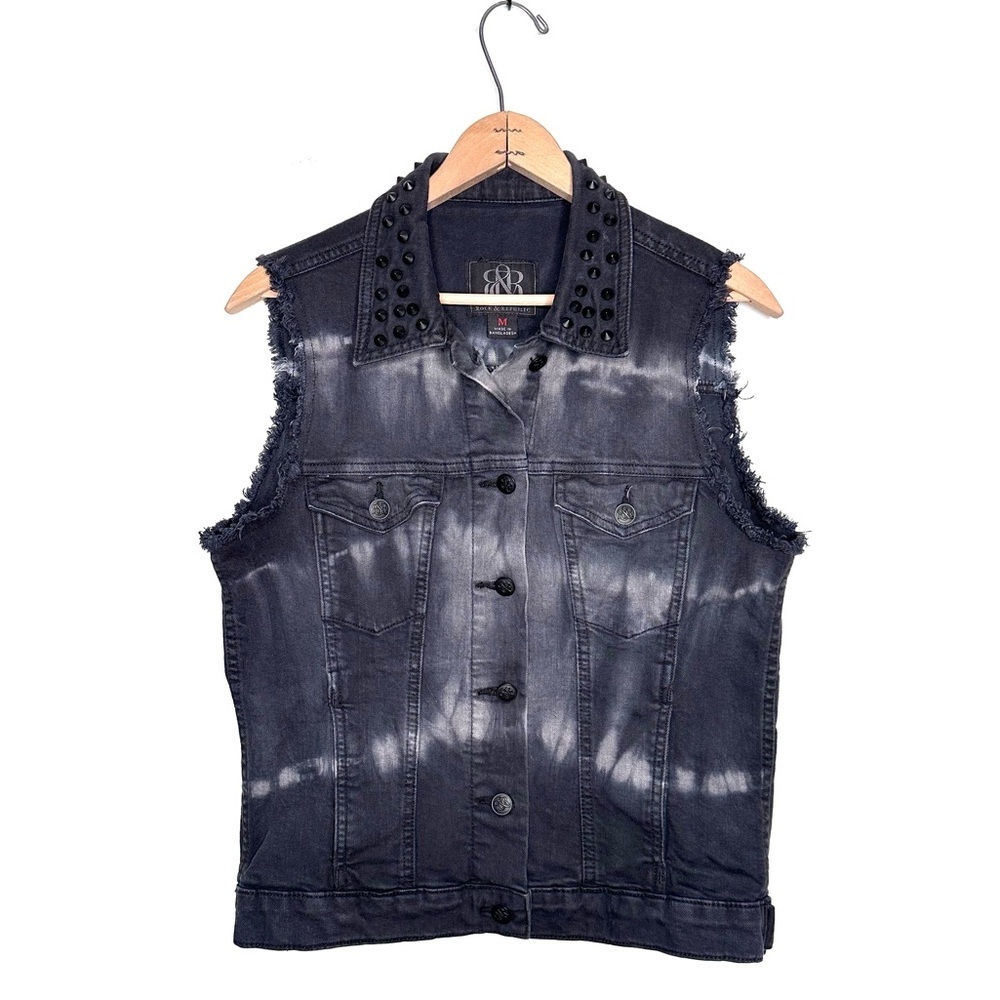 Rock & Republic Black Tie Dye Studded Button Down Jean Vest Size Medium